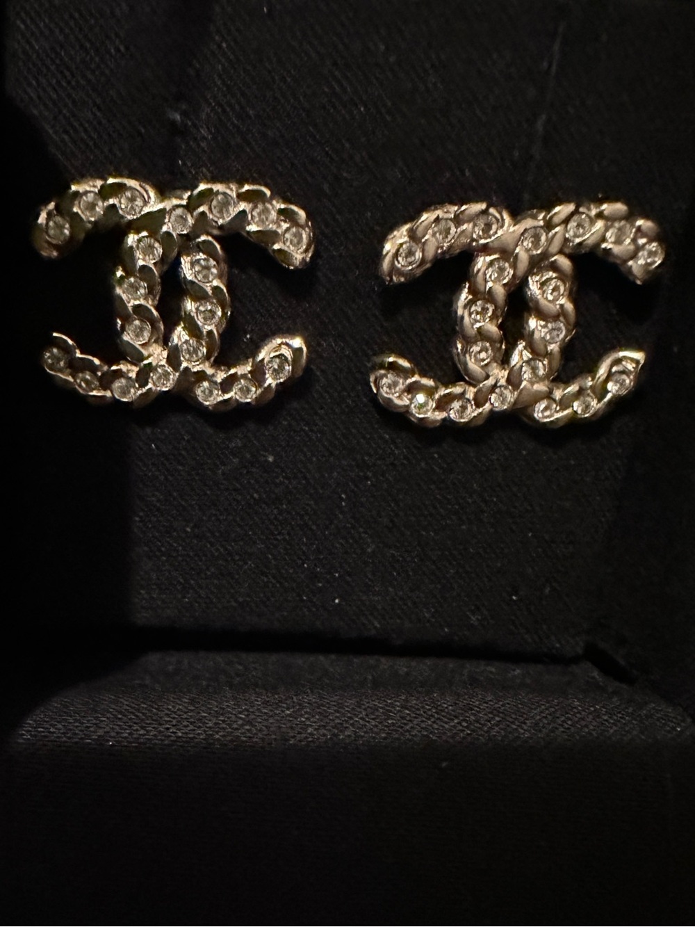 LIKE NEW CHANEL Gold Crystal CC Logo Stud Earrings. Pristine condition.